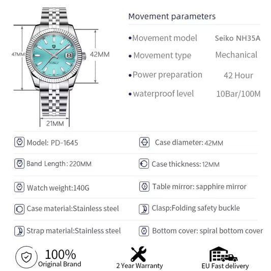 New PAGANI DESIGN 42MM Men Mechanical Watches Commercial NH35 Automatic Watch 100M Waterproof Stainless Steel Watch for Men